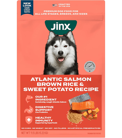 A Jinx Premium Dry Dog Food, Real Salmon, Brown Rice & Sweet Potato Kibble with Superfoods & Probiotics, No Fillers, for All Lifestages, 11.5lb