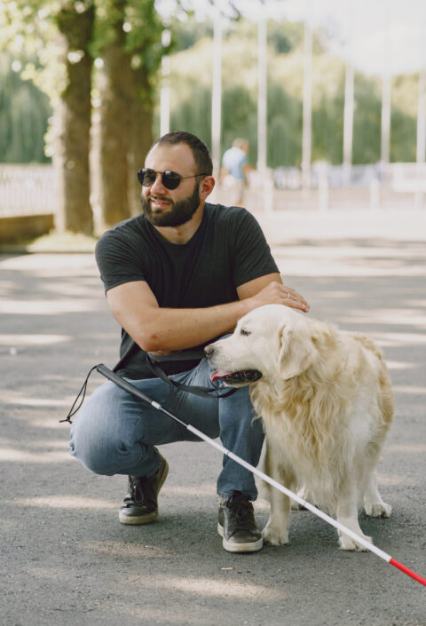 Guide dog helping blind man in the city. Handsome blind guy have rest with golden retriever in the city.